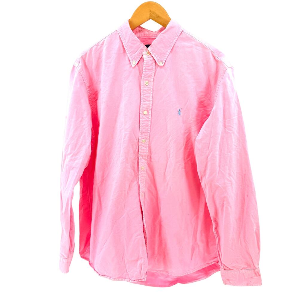 Distressed Ralph Lauren Pink Blue Polo Logo 100% Cotton Oxford Workshirt